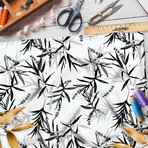 Ткань сатин тонкая китайская листва на белом фоне