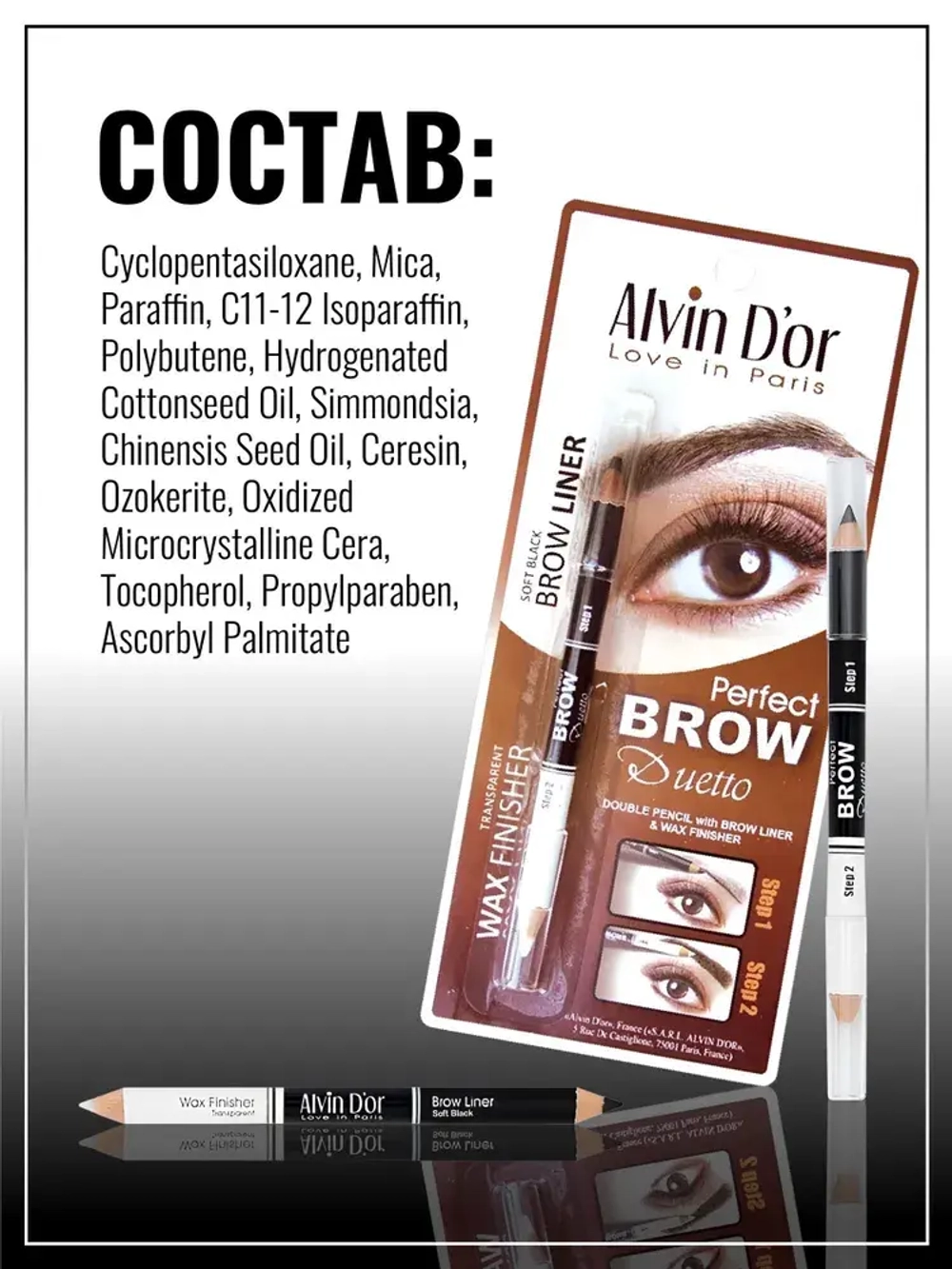 "ALVIN D'OR"Двойной карандаш для бровей тон 01 Soft Black (карандаш+воск)