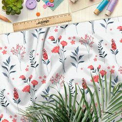 Ткань штапель коралловые цветы и листья на белом фоне