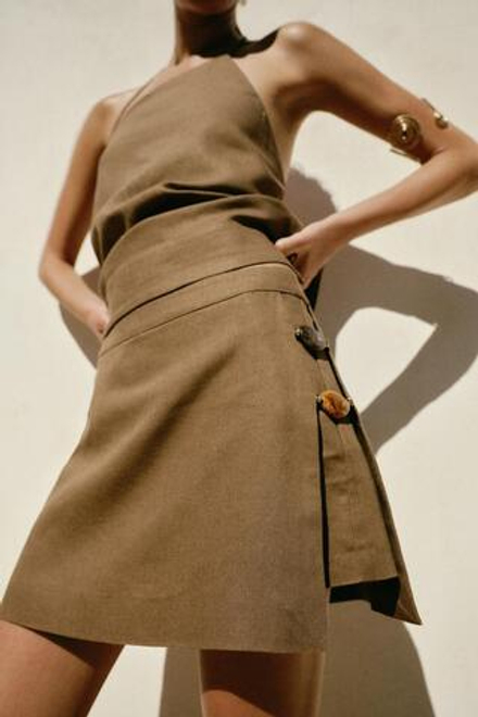ZARA ЮБКА-ШОРТЫ ИЗ ЛЬНА С БУСИНАМИ, ТАБАЧНЫЙ