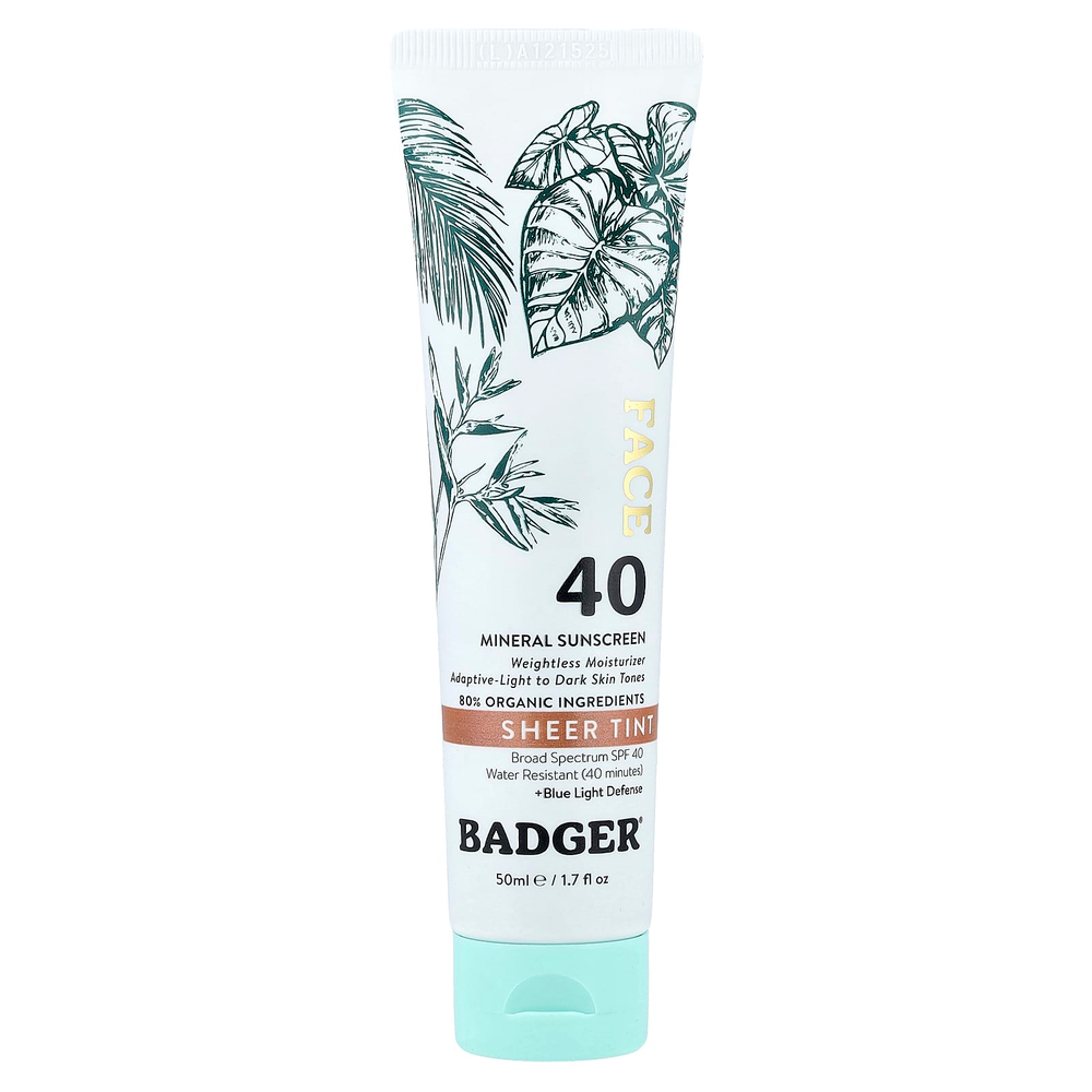 Badger, солнцезащитное средство для лица, SPF 40, прозрачный оттенок, 50 мл (1,7 жидк. унции)