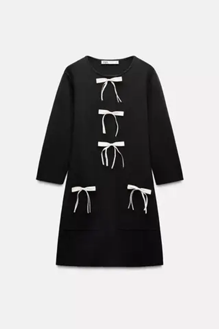 ZARA КОРОТКОЕ ТРИКОТАЖНОЕ ПЛАТЬЕ С БАНТАМИ, ЧЕРНЫЙ