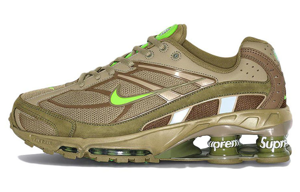 Supreme x Nike Shox Ride 2 comfortable trend fabric leather shock absorption non-slip wear-resistant low-cut casual running shoes for men and women the same olive green