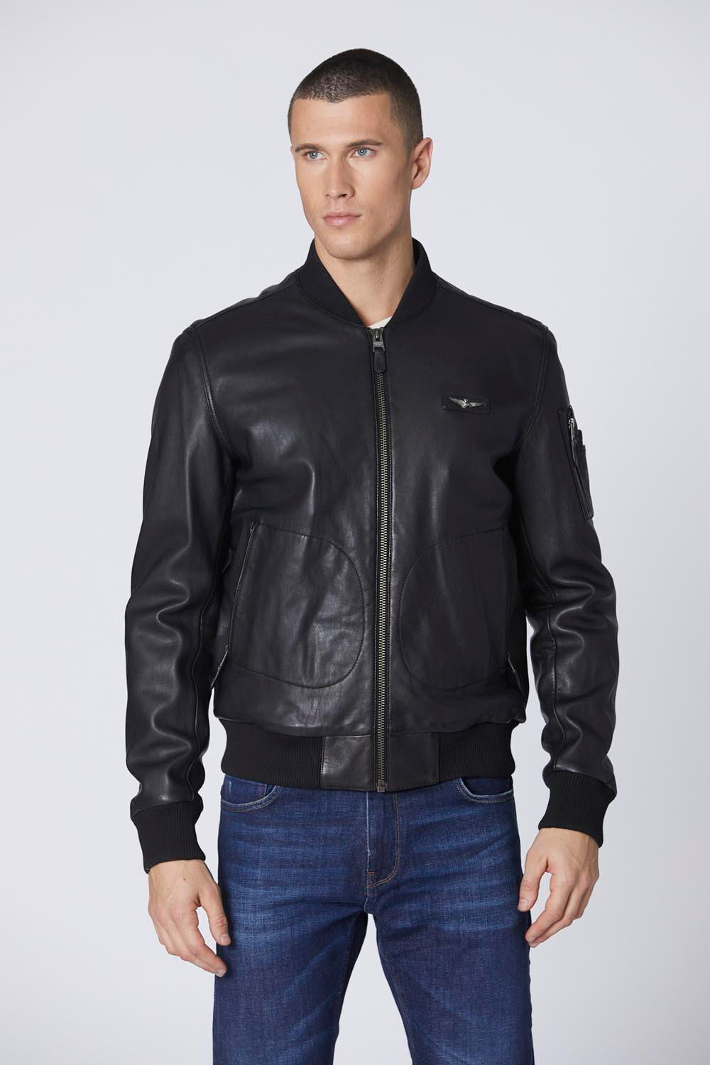 Куртка кожа Aeronautica 951 мужская черный бомбер