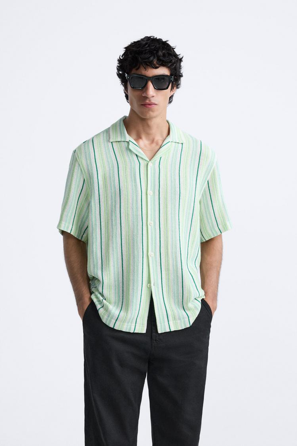 ZARA РУБАШКА ИЗ РЕЛЬЕФНОЙ ТКАНИ В ПОЛОСКУ, ЗЕЛЕНЫЙ/ЭКРЮ