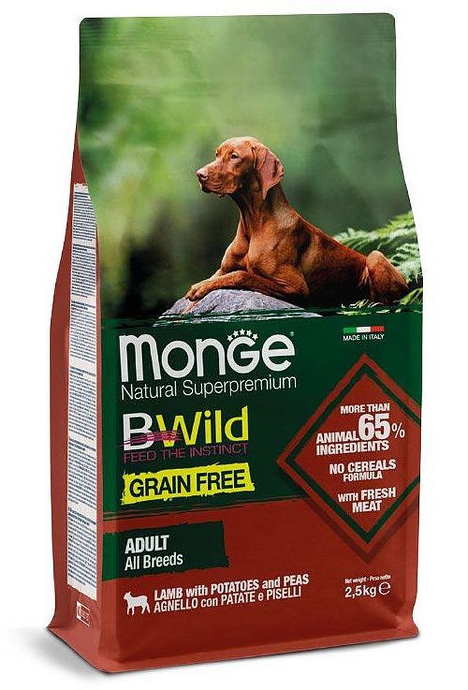 Сухой корм Monge Dog BWild GRAIN FREE для собак, беззерновой, из мяса ягненка с картофелем, пакет 2,5 кг