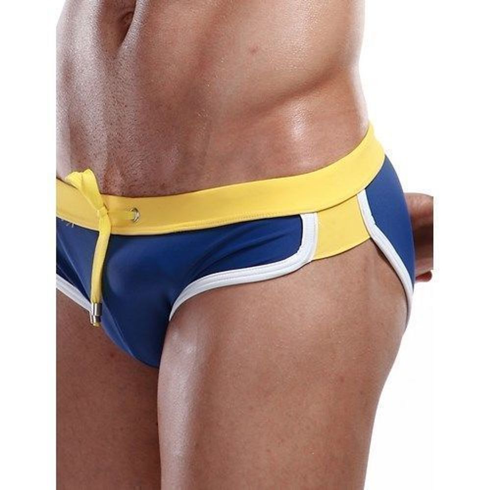 Мужские плавки брифы синие с желтым поясом SEOBEAN Swimsuit Blue Yellow