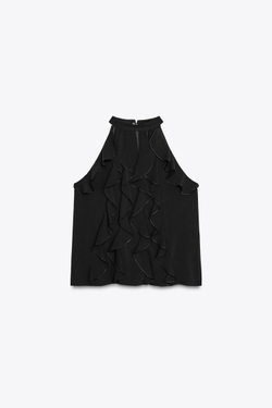 ZARA ТОП С ГОРЛОВИНОЙ ХАЛТЕР И ВОЛАНАМИ, ЧЕРНЫЙ