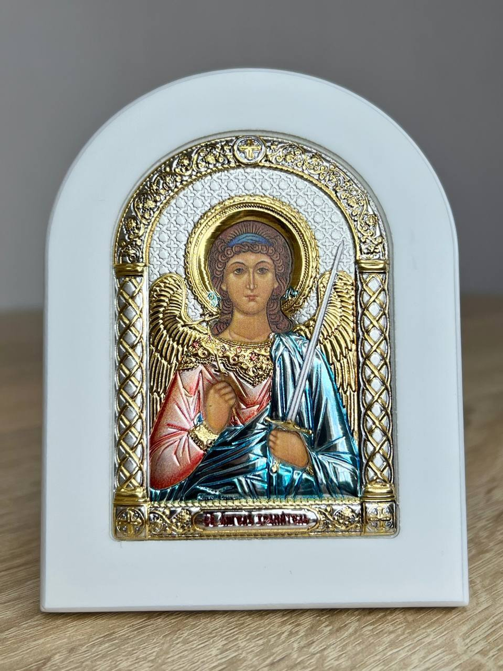 Ангел Хранитель, икона арочная, белое дерево, эмаль 57х75