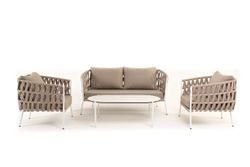 "Диего" лаунж-зона 4-местная плетеная из роупа (веревки), каркас алюминиевый белый, роуп бежевый