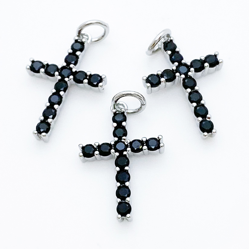 Подвеска Крест, цвет серебро, черные фианиты, размер 18*12 мм, цена за 1 шт