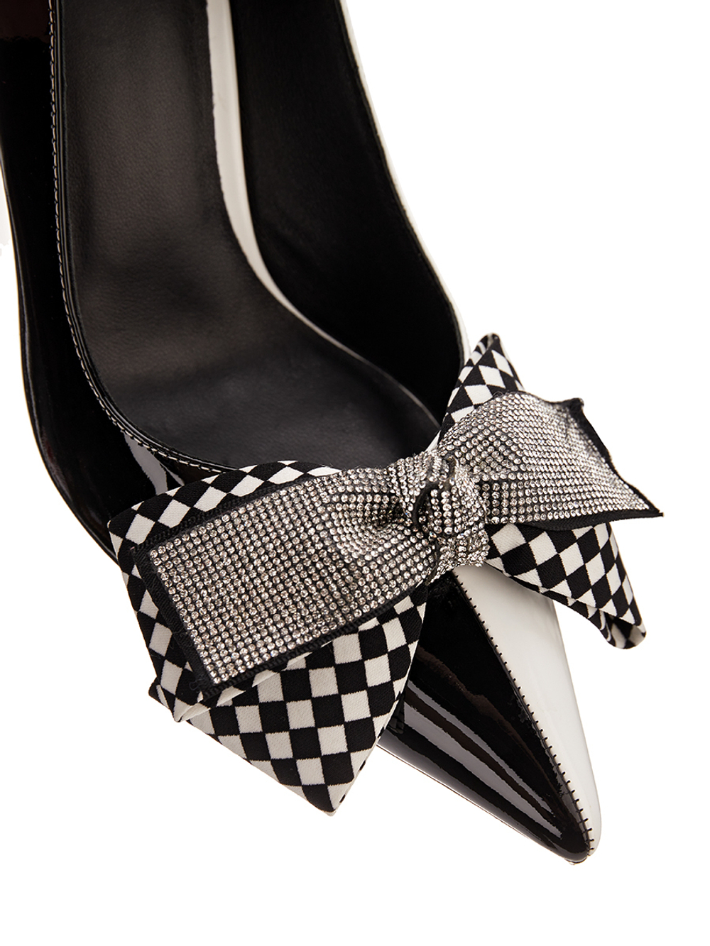 Женские туфли кожаные черно-белые с бантом у носка