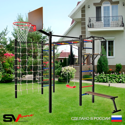 Уличная шведская стенка Sv Sport рукоход с комплектом турник прямой 2шт У5176К (Турник/Брусья/Скамья/"Лодочка"/Щит баскет/Сетка)