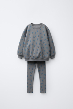 ZARA КОМПЛЕКТ: ТОЛСТОВКА И ЛЕГИНСЫ В РУБЧИК С ПРИНТОМ, СЕРО-СИНИЙ
