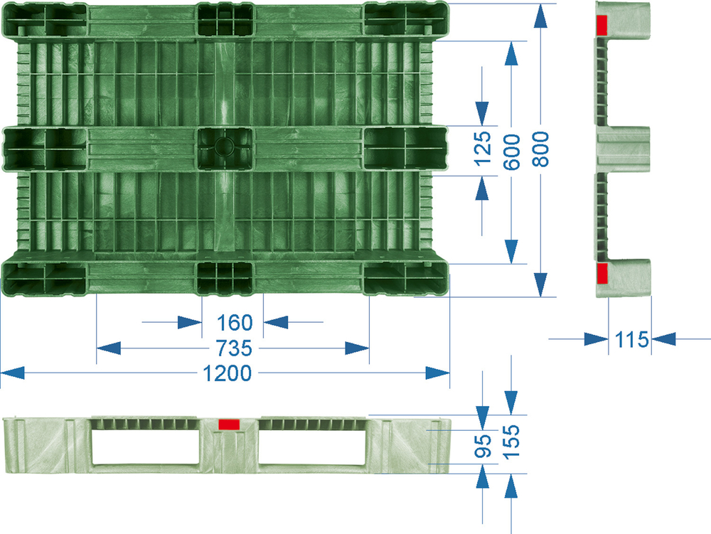 Паллет 1200x800х150 сплошной, усиленный, на 3-х полозьях, арт. TR 1208-1-1 синий, код: 08946