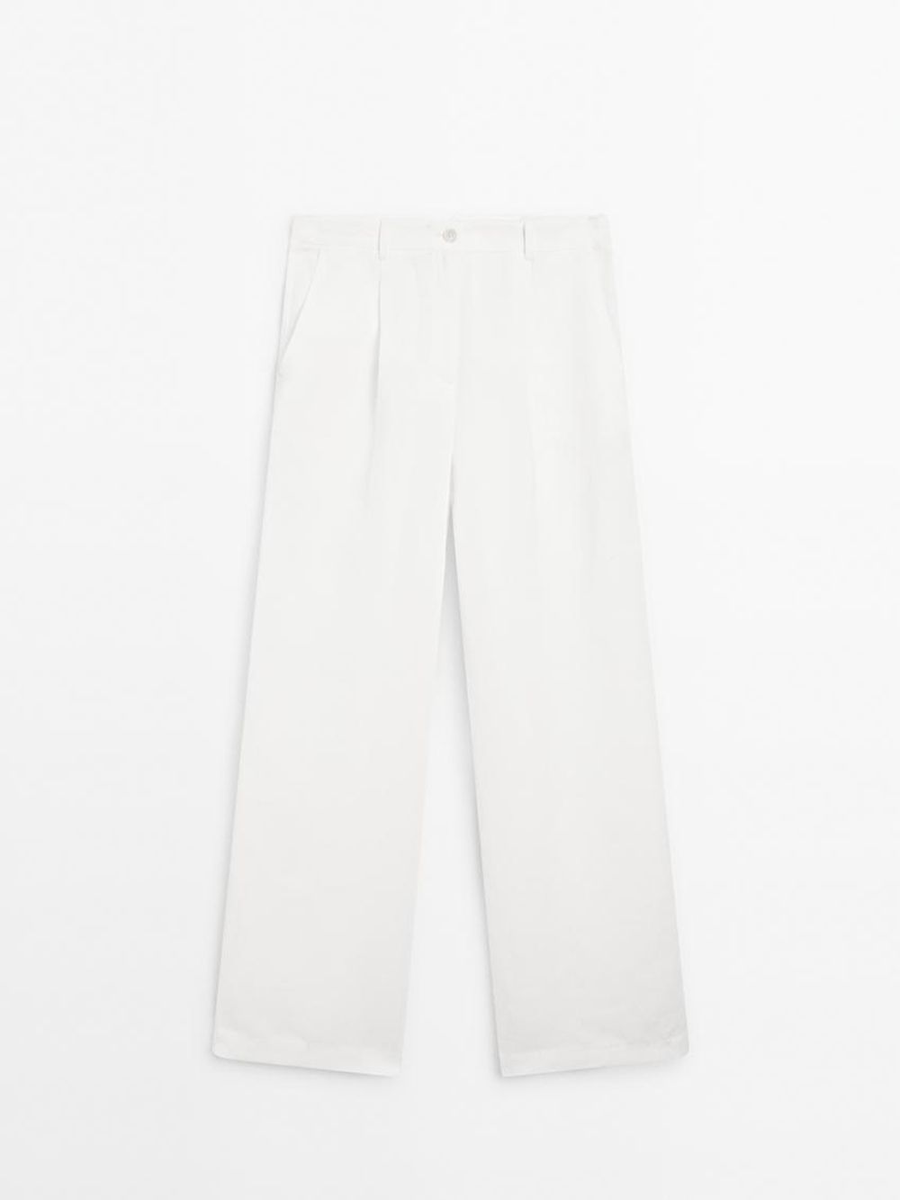 Massimo Dutti Брюки из смесового льна с пряжкой, натуральный, кремовый