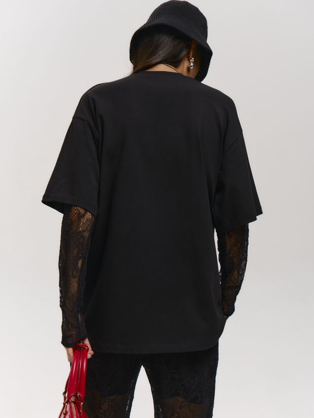 Лонгслив рукава из гипюра, черный