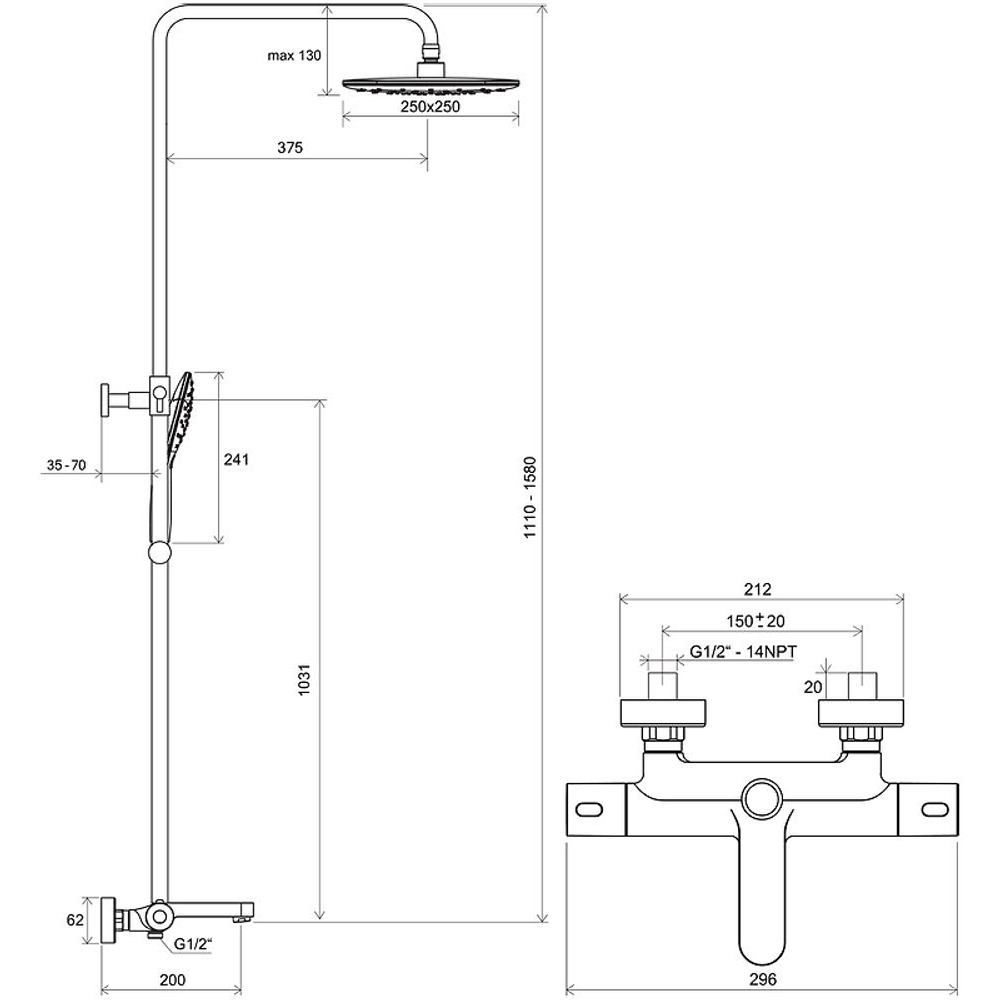 Душевая система Ravak Termo 300 TE 092.20BL X070444 с термостатом Черная