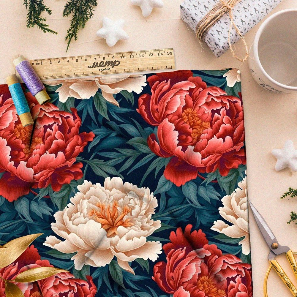 Ткань премиум габардин пионы на сероголубых листьях