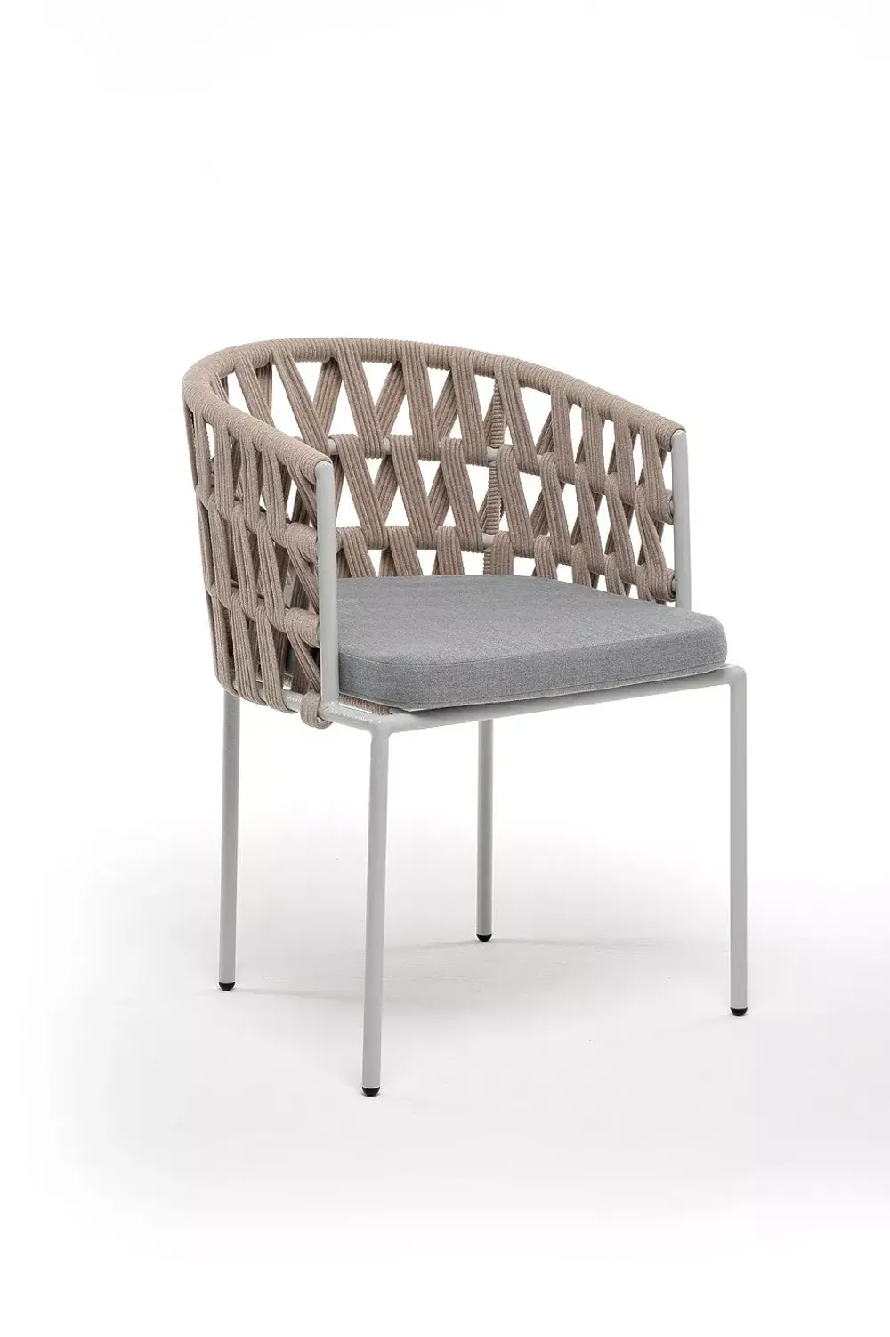 "Диего" стул плетеный из роупа, каркас из стали светло-серый (RAL7035) муар, роуп бежевый круглый, ткань светло-серая