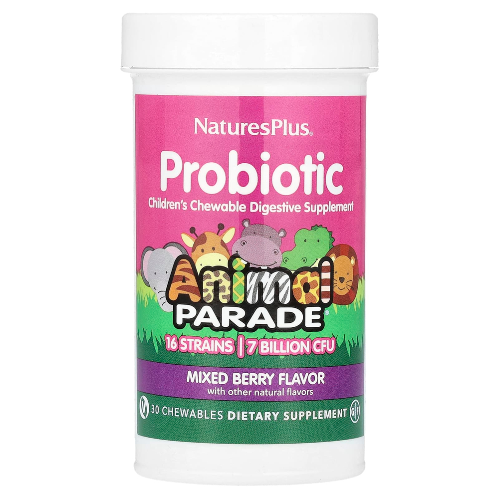 NaturesPlus, пробиотик, детская жевательная добавка для пищеварения, ягодный вкус, 7 млрд КОЕ, 30 жевательных таблеток