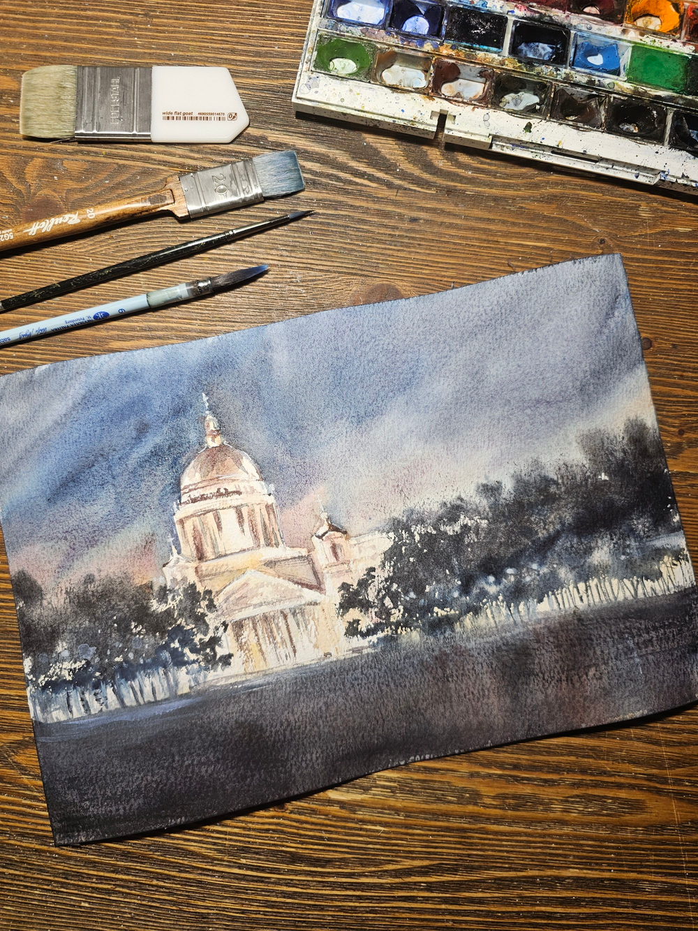 Картина авторская акварельная в паспарту 30х40 см на стену для интерьера "Осенняя ночь в Питере"