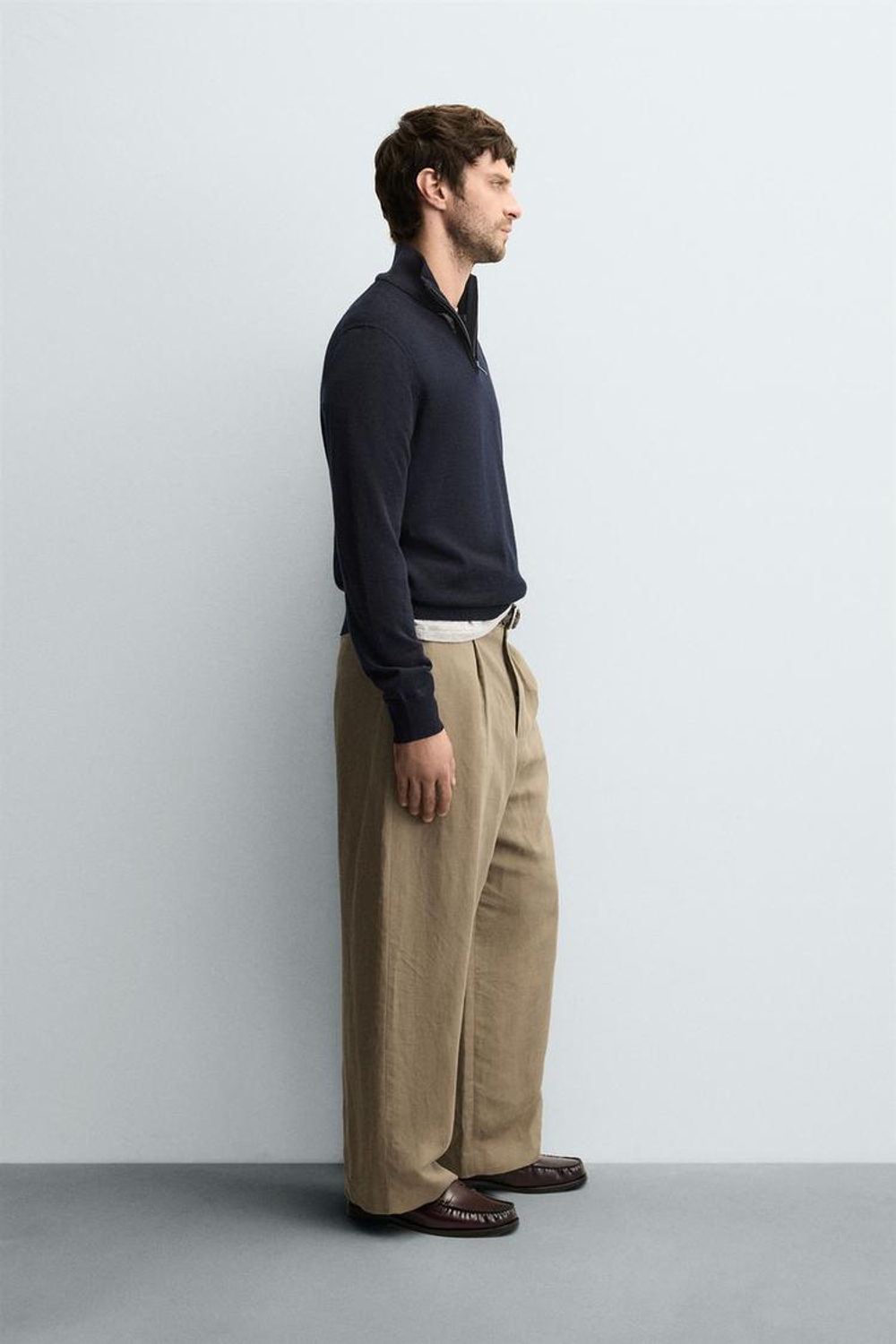 ZARA ШЕРСТЯНОЙ СВИТЕР С ВОРОТНИКОМ НА МОЛНИИ, МОРСКОЙ СИНИЙ