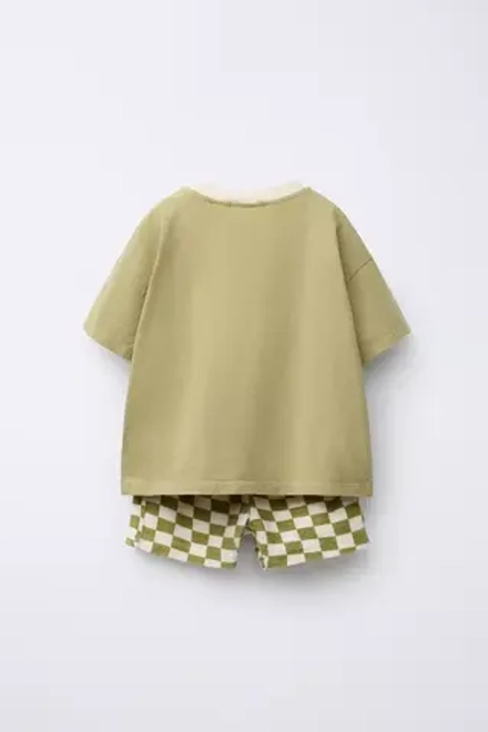 ZARA КОМПЛЕКТ ИЗ ФУТБОЛКИ И ШОРТОВ-ДЖОГГЕРОВ В КЛЕТКУ, ЭКРЮ/ХАКИ