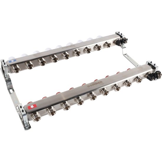 Коллектор Rommer 1"x3/4" на 9 контуров с запорными клапанами (нерж. сталь) RMS-3201-000009