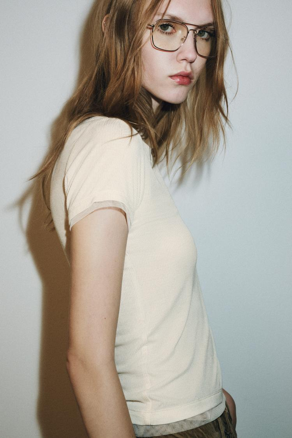 ZARA ФУТБОЛКА КОМБИНИРОВАННАЯ, ВАНИЛЬНЫЙ