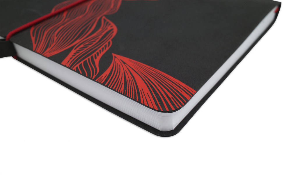 НОВИНКА! Блокнот "Floral" в клетку А5 128 листов, гибкая обложка из бархатистой экокожи нубук  (цвет черный) с тиснением рисунка красной матовой фольгой