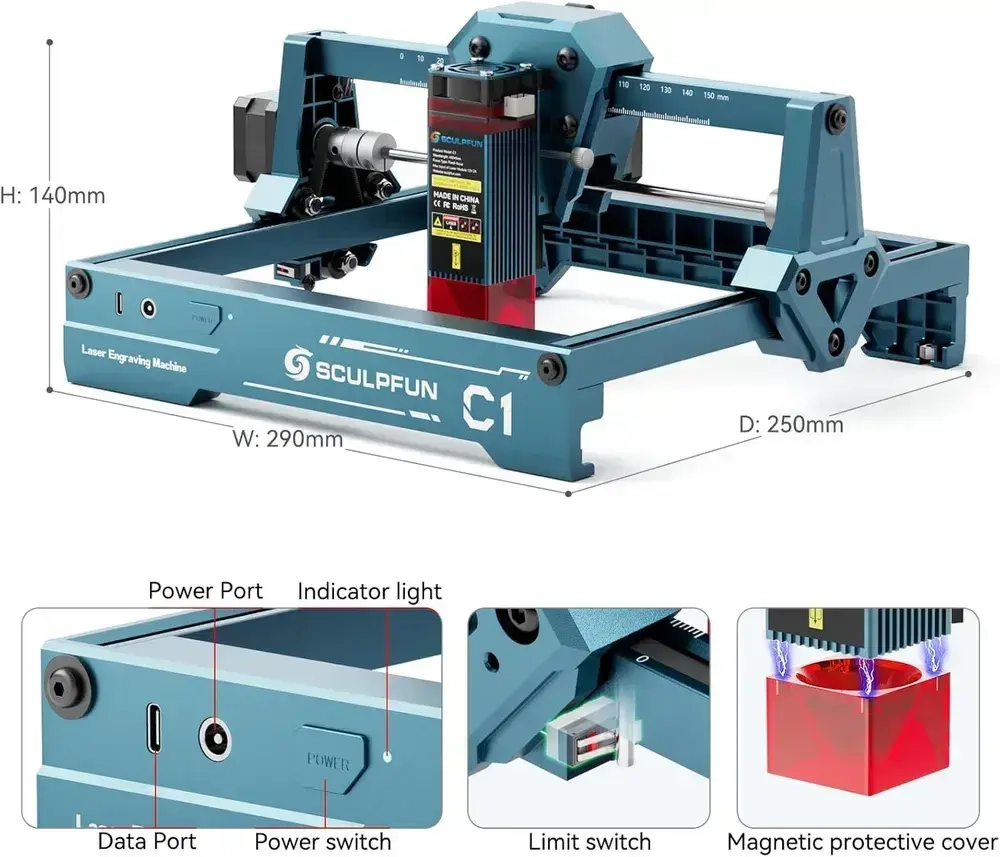 SCULPFUN C1 3 Вт Мини-лазерный гравировальный станок, высокая точность 0,04 мм, скорость до 10 000 мм/мин, подключаемый и работающий многофункциональный станок