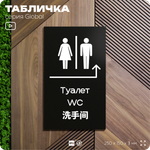 Табличка "Туалет направо и налево", на дверь и стену, информационная и мультиязычная (русский, английский, китайский), серия GLOBAL, 25х15 см, Айдентика Технолоджи