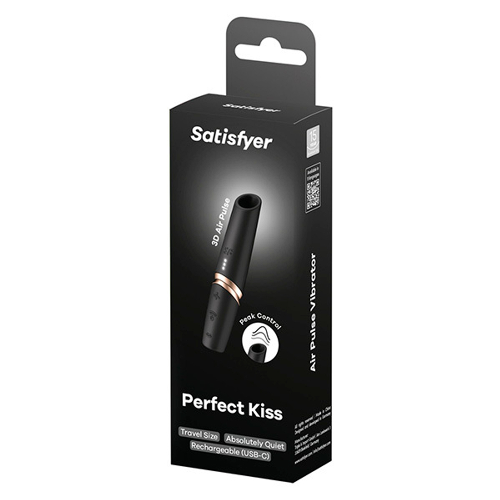 Черный вакуумный стимулятор 12см в виде губной помады Satisfyer Perfect Kiss 3D
