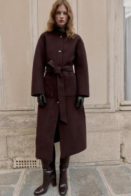 ZARA ДЛИННОЕ ПАЛЬТО С ПОЯСОМ, БУРГУНДИ