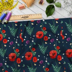 Ткань шелк Армани алые маки на тёмно-зелёном фоне