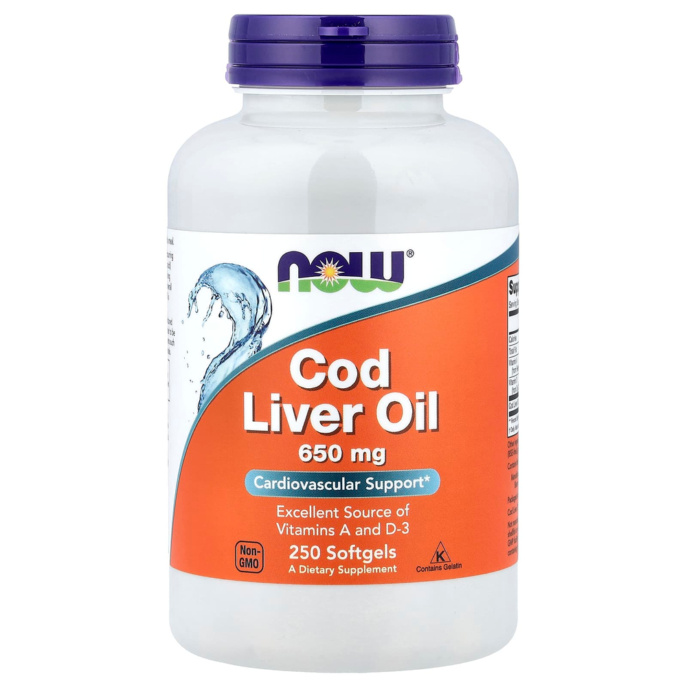 NOW Foods, Cod Liver Oil, 650 мг, 250 мягких желатиновых капсул