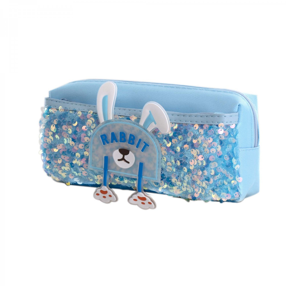 Пенал - косметичка Alingar, ПВХ, пайетки, молния, боковой карман, 90 х 200 мм, "Rabbit", голубой (ушки и лапки)