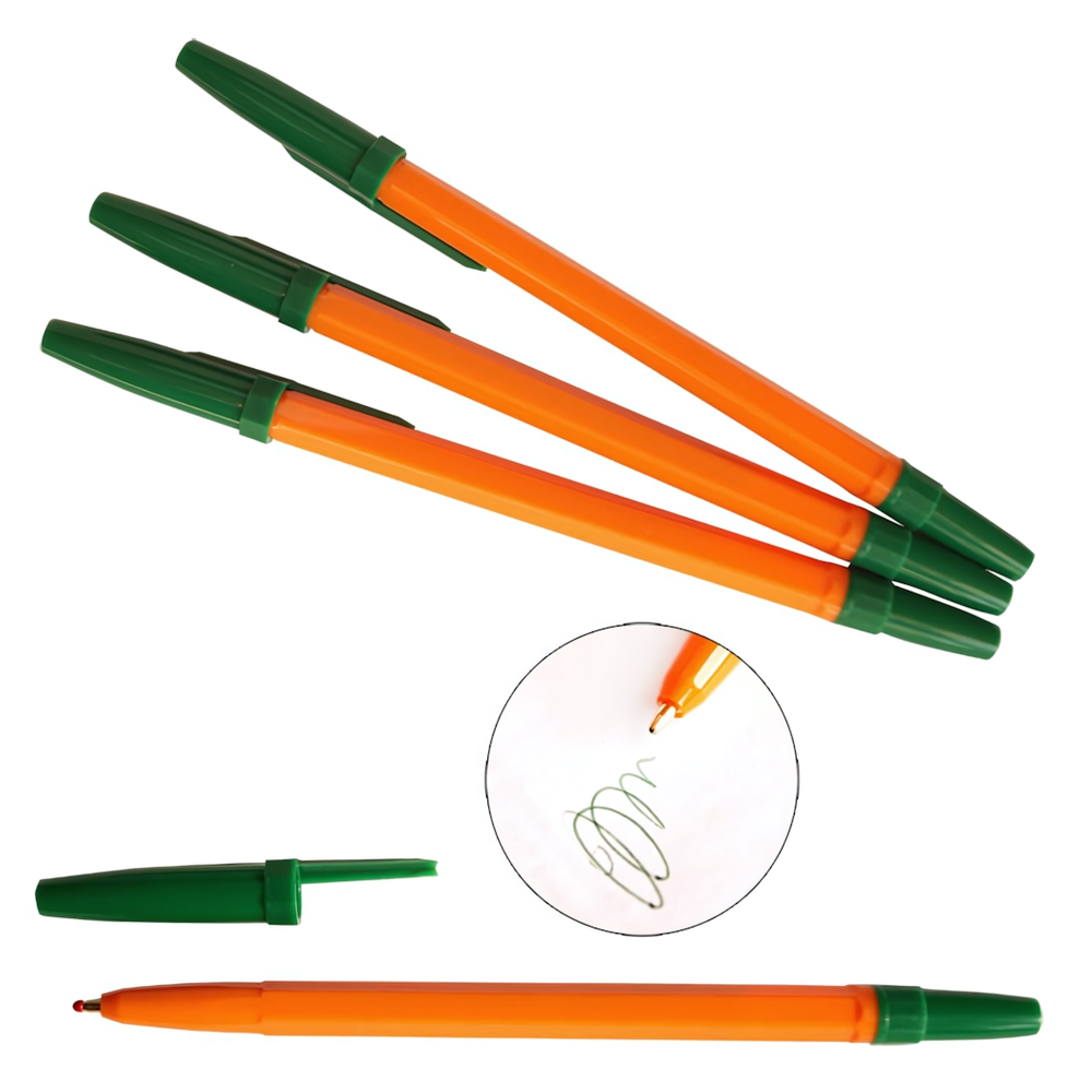 Ручка шариковая 1мм. зеленая, корпус оранжевый (Комплект 50шт.)
