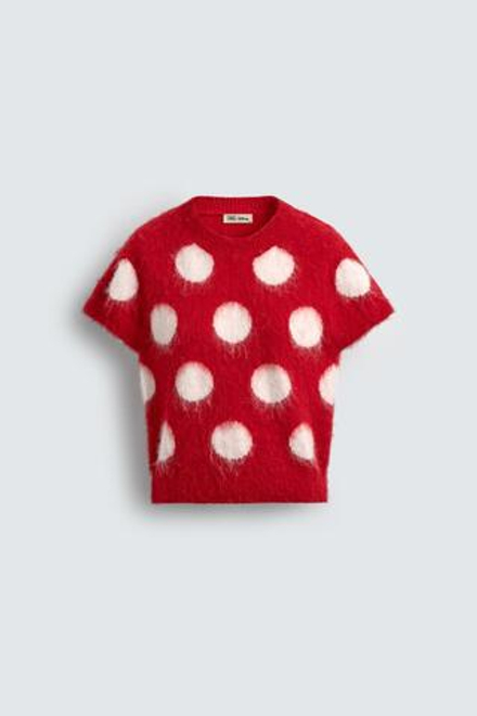ZARA HARRY LAMBERT X DISNEY ТОП ИЗ ТРИКОТАЖА С НАЧЕСОМ И ПРИНТОМ В ГОРОШЕК, КРАСНЫЙ