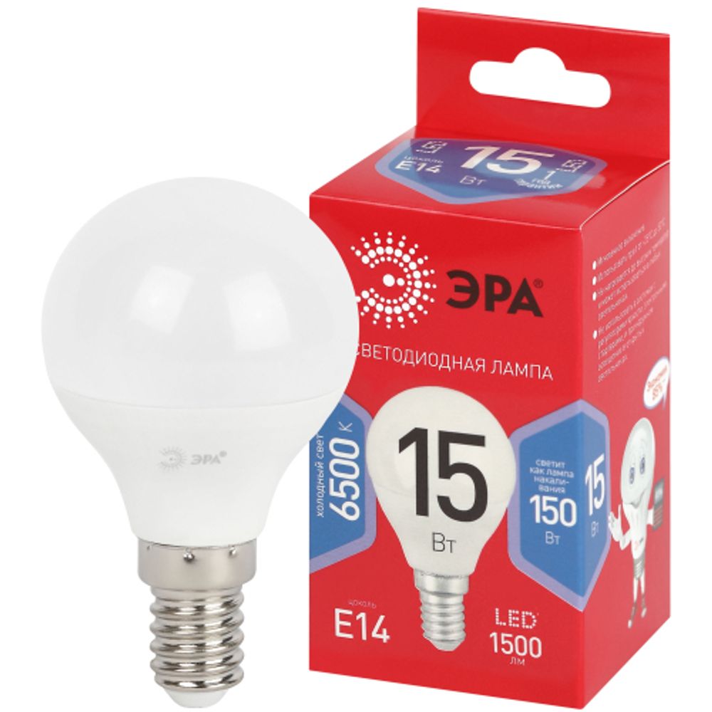 Лампа светодиодная ЭРА RED LINE LED P45-15W-865-E14 R 15Вт шар холодный дневной свет E14 | Лампы cветодиодные Шар (G/P)