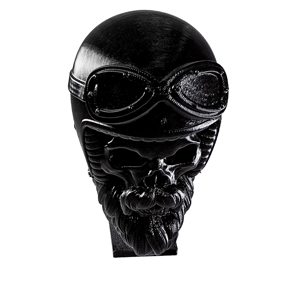 Бородатый череп в мотошлеме, фигурка для декора интерьера, арт-объект, коллекционный предмет, 3D печать, черный 16 см.