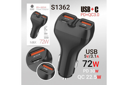 Автомобильный адаптер питания DEESPI ES32 2USB QC3.0 + 2 PD30W 72W (черный)