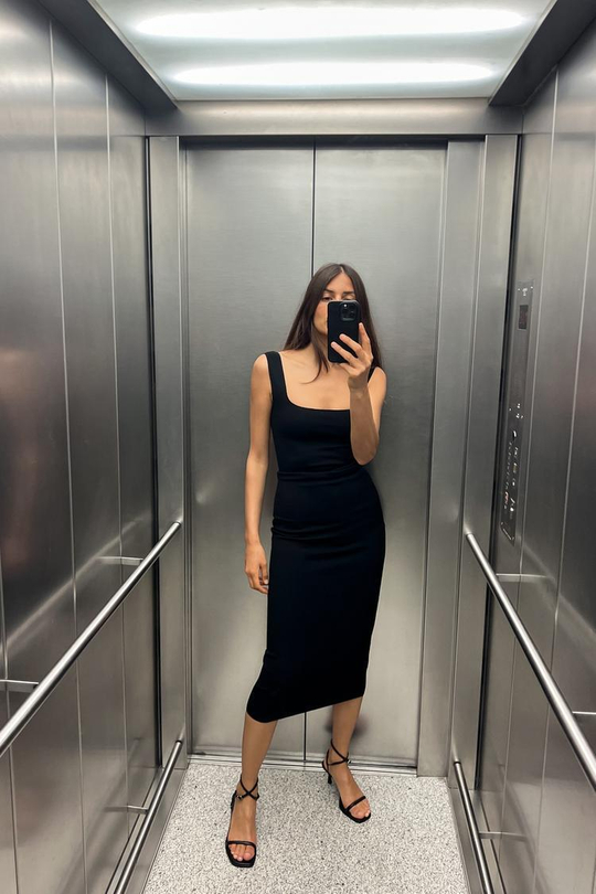ZARA ПЛАТЬЕ МИДИ ИЗ ЭЛАСТИЧНОГО ТРИКОТАЖА, ЧЕРНЫЙ