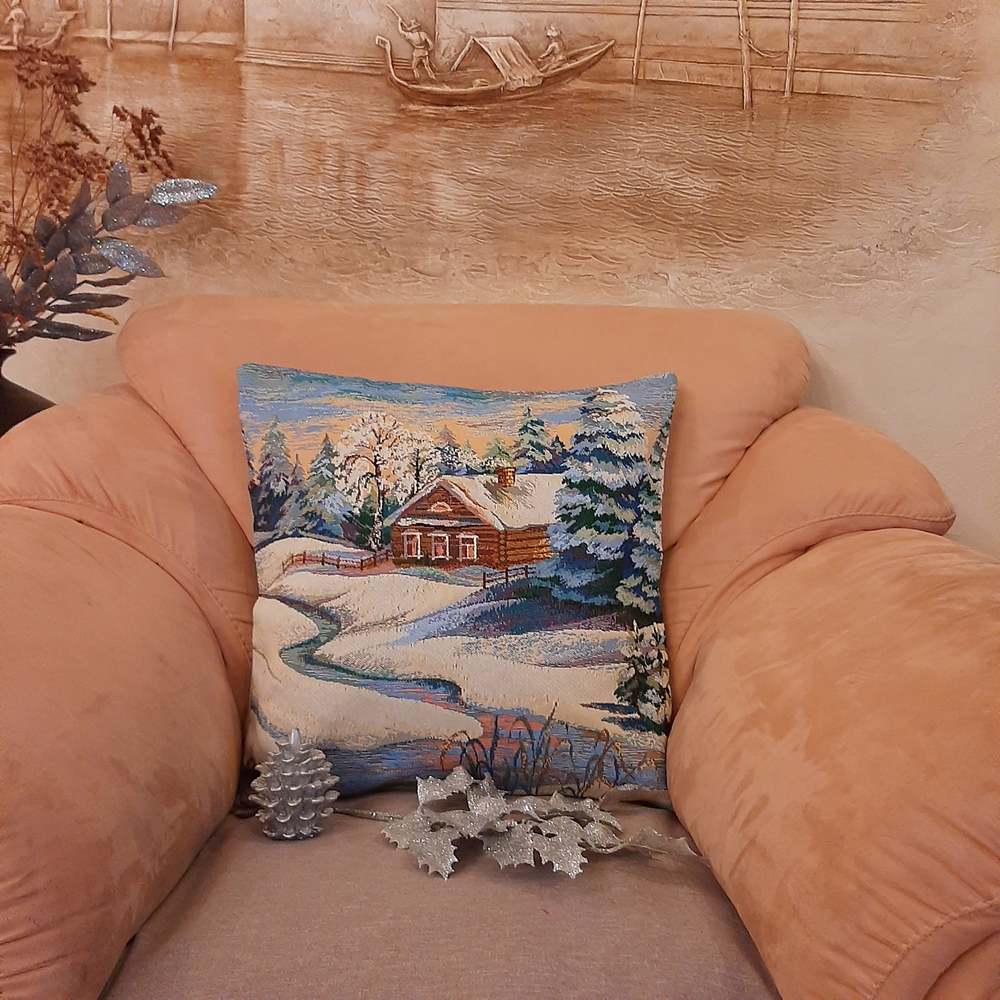 Декоративная гобеленовая наволочка для диванной подушки Зимовье 47*47