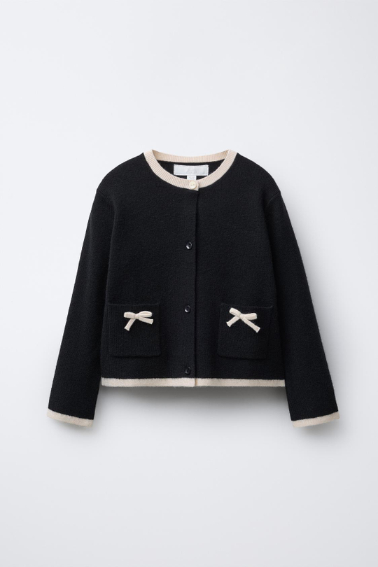 ZARA ВЯЗАНЫЙ КАРДИГАН С БАНТАМИ, ЧЕРНЫЙ