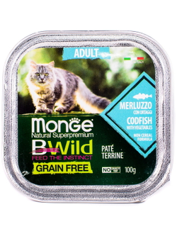 Monge Cat BWild GRAIN FREE беззерновые консервы из трески с овощами для взрослых кошек 100г