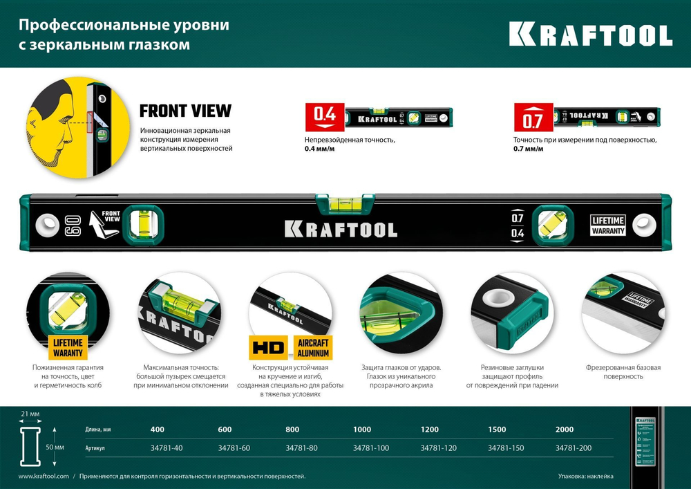 Уровень строительный Kraftool 800 мм с зеркальным глазком GRAND