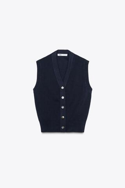 ZARA ОДНОТОННЫЙ ТРИКОТАЖНЫЙ ЖИЛЕТ, МОРСКОЙ СИНИЙ