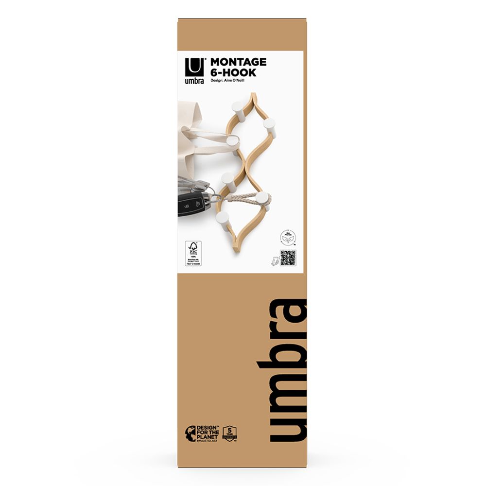 Вешалка настенная Montage, 6 крючков, натуральное дерево/белая